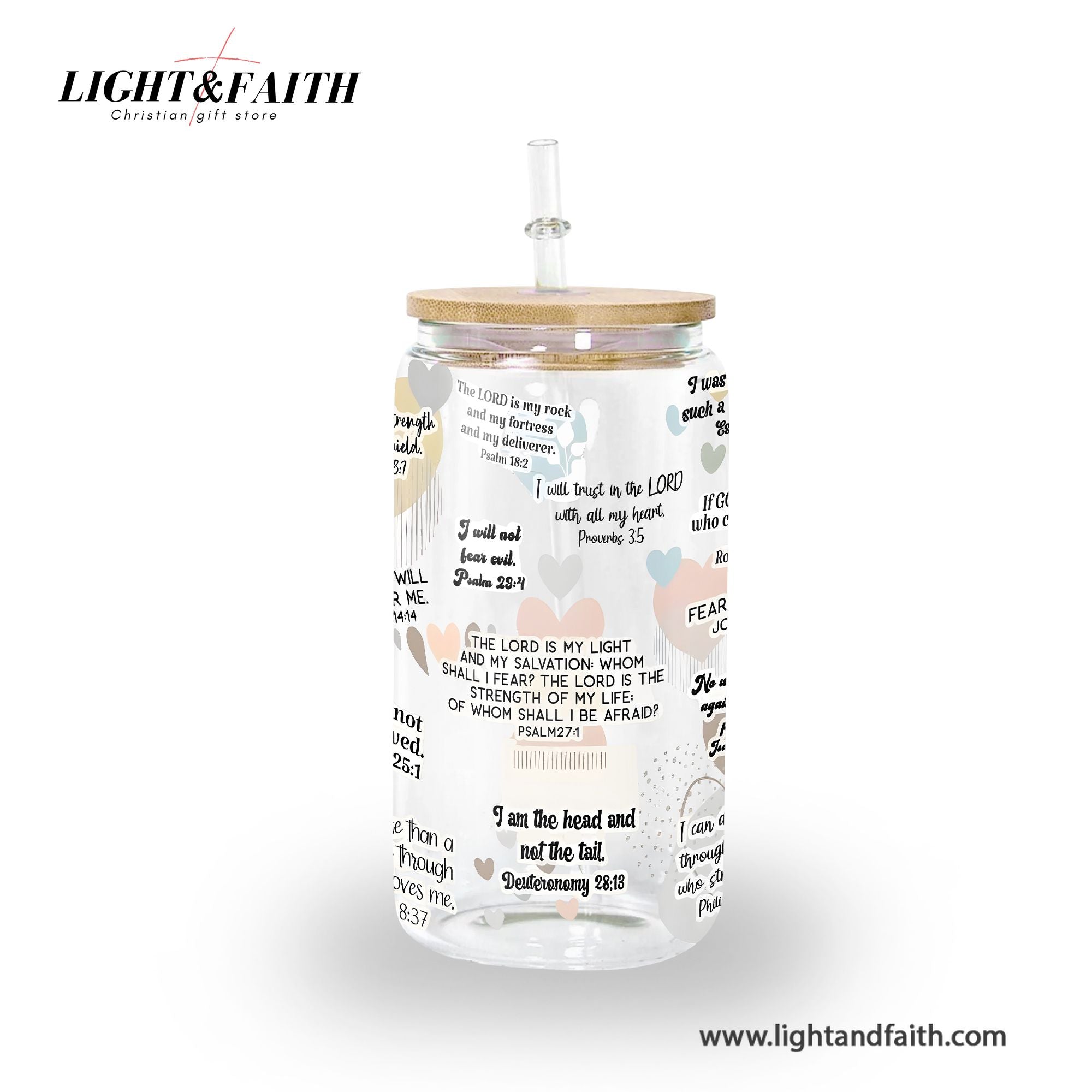 Christian Glass Can with Bamboo Lid and Straw, Bible Verse Heart Design Cup, Scripture Iced Coffee Tumbler, Faith Gift for Women GCLAF34